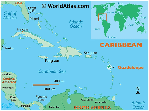 Map from WorldAtlas.com showing the Caribbean with an arrow pointing to Guadeloupe. South American is on the bottom of the picture and Florida is in the top left.