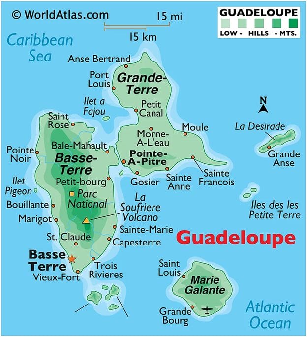 A map of the islands of Guadeloupe from WorldAtlas.com. Basse Terre is on the left, Grand-Terre showing Pointe-a-Pitre is to the upper right. 