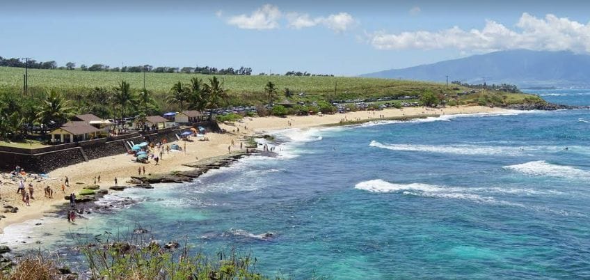 Aerial view of the beach with large rocks jutting out of the water. There are buildings up above the beach and many people standing on the beach appearing to look at something nearby.