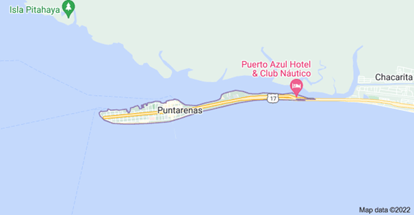 Google map zoomed out of Puntarenas showing it is a long, narrow peninsula stretching out into the gulf. 