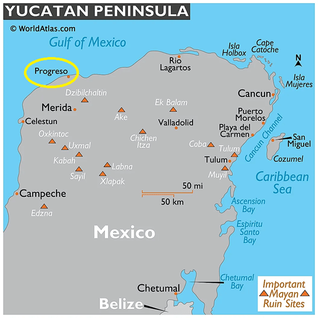 map of Yucatan peninsula with the island of Cozumel on the mid-right of the peninsula, and Progreso, circled in yellow, on the upper left of the peninsula.