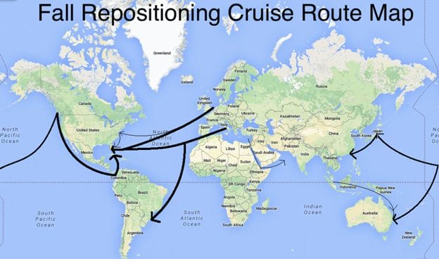 Map of the world with arrows showing where cruise ships reposition in the fall.