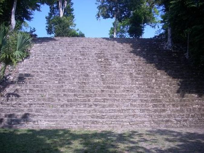 Looking up a large set of stone steps from the ground.