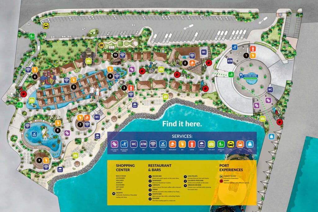 Drawn map of Taino Bay cruise port.